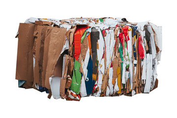 Isolated Compressed paper and cardboard on white background. Stack of paper waste before shredding at the recycling point. Sustainable future concept.