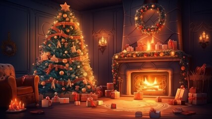 New Year's interior in the house with a Christmas tree and gifts on Christmas evening.  - obrazy, fototapety, plakaty