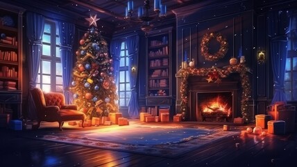 New Year's interior in the house with a Christmas tree and gifts on Christmas evening.  - obrazy, fototapety, plakaty