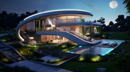 Futuristic house. Features high-tech labs, plants. Generative AI