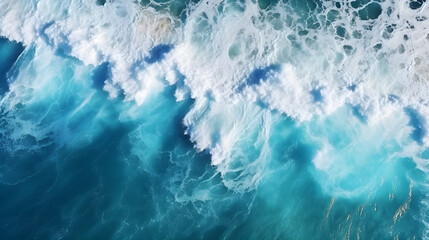 Aerial view to waves in ocean splashing waves