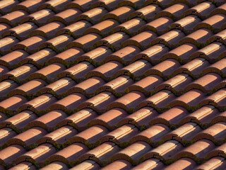 Terracotta tiled roof in the early morning sunshine. Construction and reconstruction background.