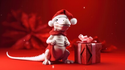 New Year's dragon is a symbol of the new year according to the eastern calendar in a Santa Claus hat with New Year and Christmas gifts on a red background. 