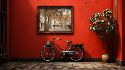 Bike on wall in street.