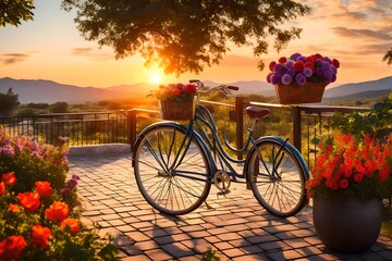 Fototapeta na wymiar The Serenity of a Breathtaking Landscape at Sunset, Featuring a Colorful Bicycle with a Flower Basket as the Focal Point. An Image that Radiates the Peace and Beauty of the Golden Hour