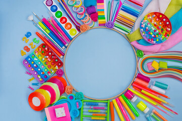 Childrens stationery and educational materials in the form of a round frame. Stationery supplies for teaching kids drawing.