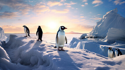 Penguins on the snow - obrazy, fototapety, plakaty