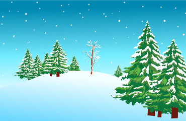 A winter landscape with trees on the hills and fir trees in the foreground. Vector illustration.