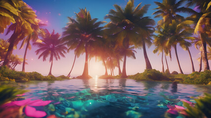 Fototapeta na wymiar Palm Trees on a Tropical Island at Sunset