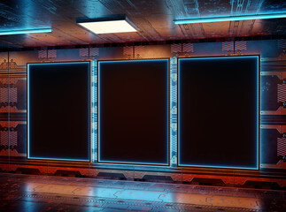 Three futuristic vertical billboard Mockup. Cyberpunk style frames interior template. 3D rendering - obrazy, fototapety, plakaty