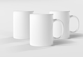 Three isolated mugs mockup on white. Blank coffee cups template. 3D rendering