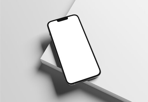 PARIS - France - March 15, 2023: Newly released Apple smartphone, Iphone 14 pro. Silver color realistic 3d rendering, front screen mobile mockup with shadow and reflection on white