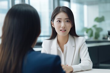 Portrait of Asian Businesswoman Job Interview, Recruiting And Hiring Concept, Greeting Client in Office, Female Manager Discussing with Partner