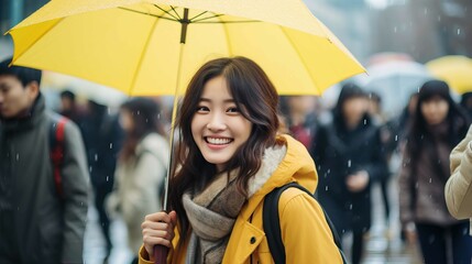 Happy Asian woman with yellow umbrella in a rainy day in a city. Generative AI. - obrazy, fototapety, plakaty