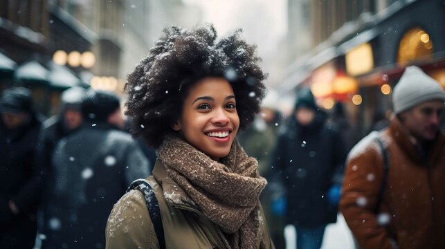 Smiling African woman in a city in a snowy winter day. Generative AI.