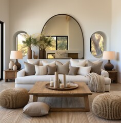 Opulent Space Featuring Arched Window and Mirror.