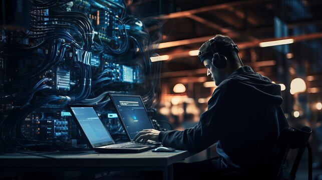 skilled engineer operating automated machine with programmable logic controller