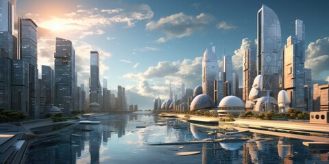 panorama of the futuristic city - obrazy, fototapety, plakaty
