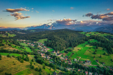 Beautiful panorama of the Tatra Mountains at sunset, Gliczarow Gorny. Poland