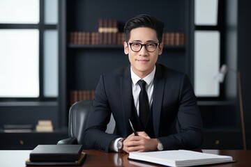 Portrait of Handsome Lawyer Sitting on the Desk, Asian Male Judge Consultation and Legal Works in His Office
