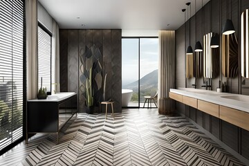Create a visual representation of a luxurious bathroom with sleek black ceramic tiles showcasing stunning stone-inspired patterns on the walls and floor, complemented by top-of-the-line accessories, R
