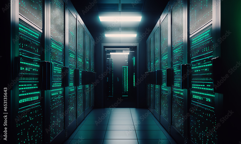 Fototapete Dark servers data center room with computers. Storage systems corridor interior with glowing elements. Generative ai