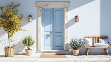 Sunny Home Entrance with Bench,  welcoming home entrance basking in sunlight, featuring a stylish blue door, plants, and a cozy bench, invoking a sense of warmth and invitation