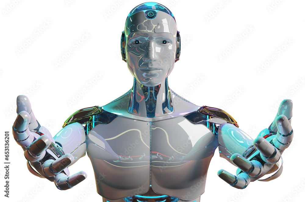 Aufkleber isolated robot opening his two hands. futuristic cyborg. 3d rendering white and blue humanoid cut ou
