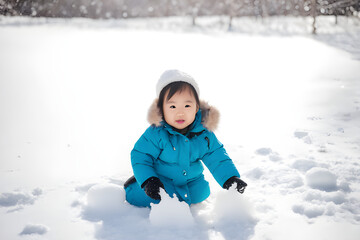 Fototapeta na wymiar asian little girl playing with snow, christmas season