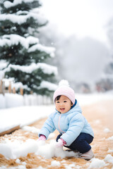 asian little girl playing with snow, christmas season