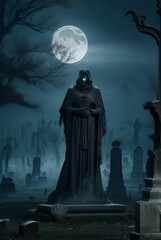 Visualize a Haunting Halloween Night in an Ancient, Moonlit Cemetery