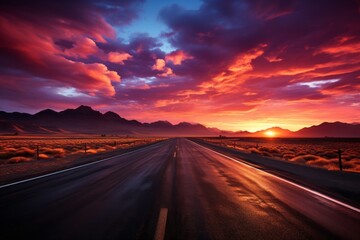 Colorful sunset over an endless desert highway, Generative AI
