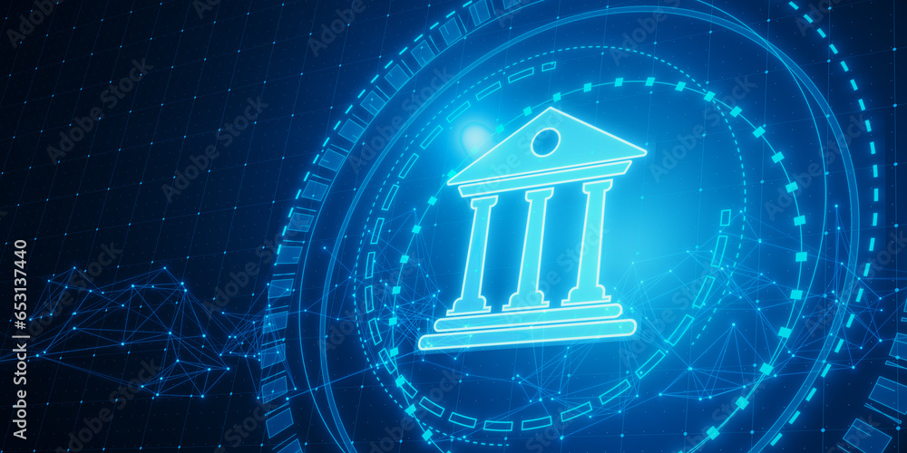 Poster creative polygonal round banking hologram on blurry wallpaper. digital transformation and finance co