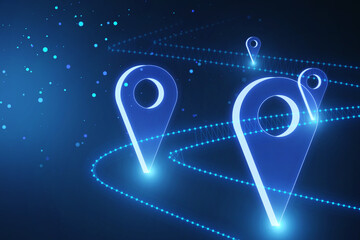 Creative glowing blue digital geolocation wallpaper. 3D Rendering.