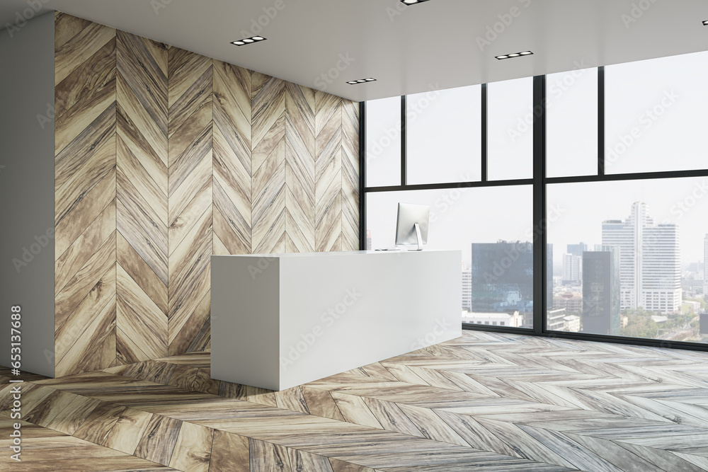 Poster simple wooden office interior with white reception desk and windows with city view. lobby concept. 3