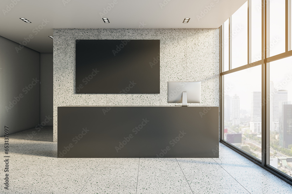Poster Modern concrete office interior with empty mock up banner, black reception desk and panoramic windows with city view. Lobby concept. 3D Rendering.