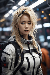 Asian woman with blonde hair wearing a cyberpunk style astronaut outfit. She prepared for field operations. Ai generative