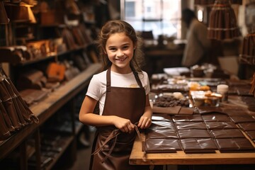 Little girl in apron looking at camera and smiling while choosing chocolate in a shop
