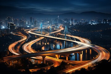 Highway interchange illuminated by city lights, Generative AI