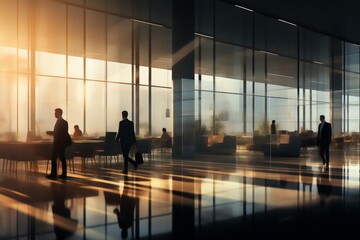 silhouettes of people in airport lobby or hotel. Blurry design. Generative AI