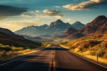 Highway leading to a distant mountain range, Generative AI - obrazy, fototapety, plakaty