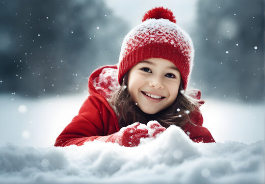 a girl laying in the snow smiling face, christmas season