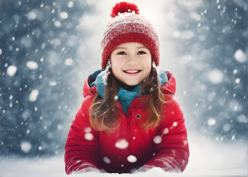a girl laying in the snow smiling face, christmas season