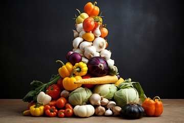 Arrangement of heirloom Thanksgiving vegetables harvest, creatively stacked to form a quirky veggies tower, with empty copy space Generative AI