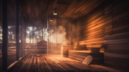 Front view of empty Finnish sauna room. Modern interior of wooden spa cabin with dry steam