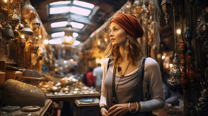 Traveller at the bazaar, female traveller shopping, wanderlust, adventure. Generative AI