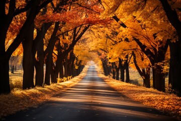 Tree-lined highway during the vibrant colors of autumn, Generative AI 