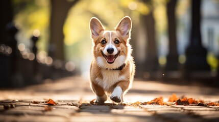 Happy corgi dog pembroke welsh corgi running outdoor in autumn park.