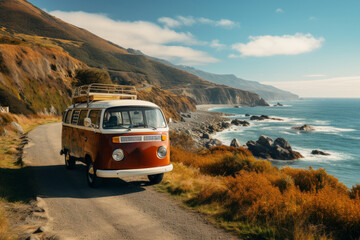 Vintage camper van parked by a scenic highway, Generative AI