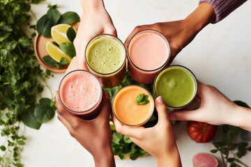 Hands holding glasses with smoothies against light backdrop